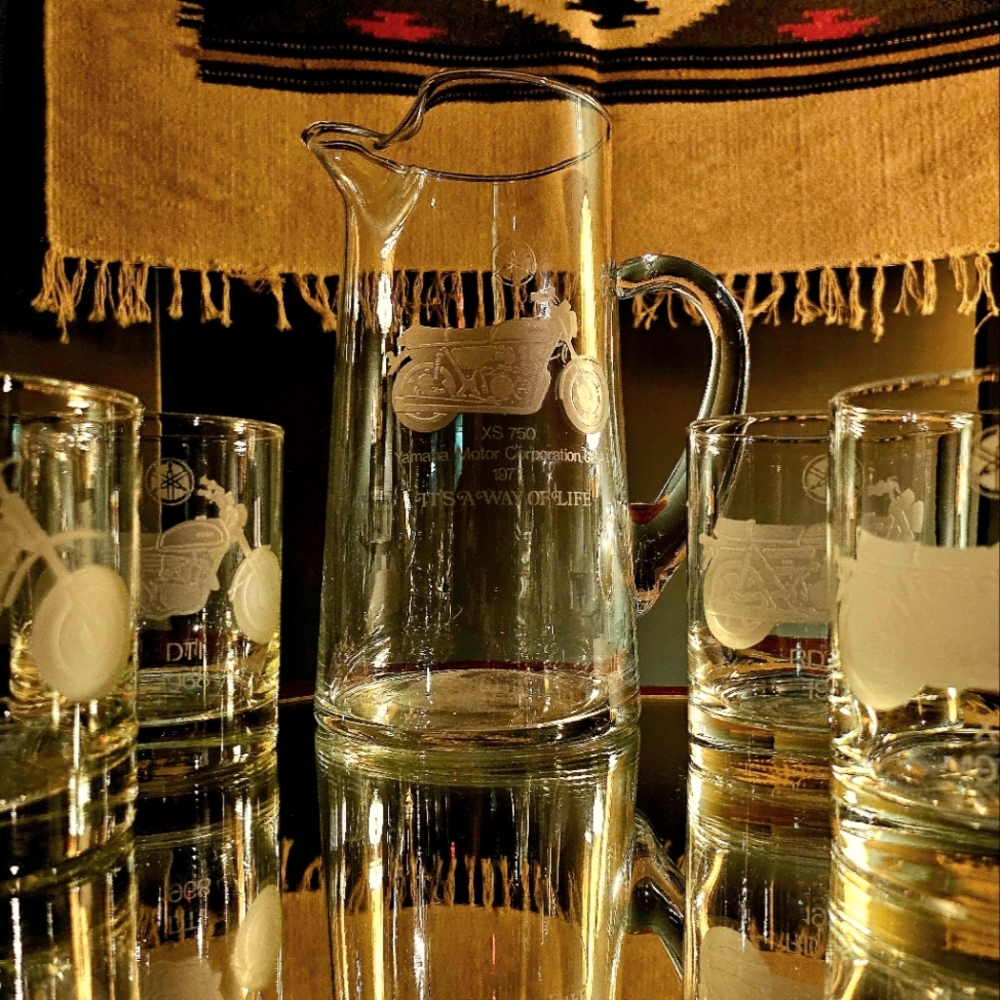 Vintage Commemorative Yamaha Glass Pitcher with 4 Glasses